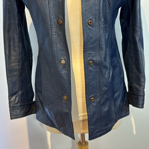 Vintage blue leather jacket snap closure shirt style fitted size S/M by Marquis - Picture 3 of 12